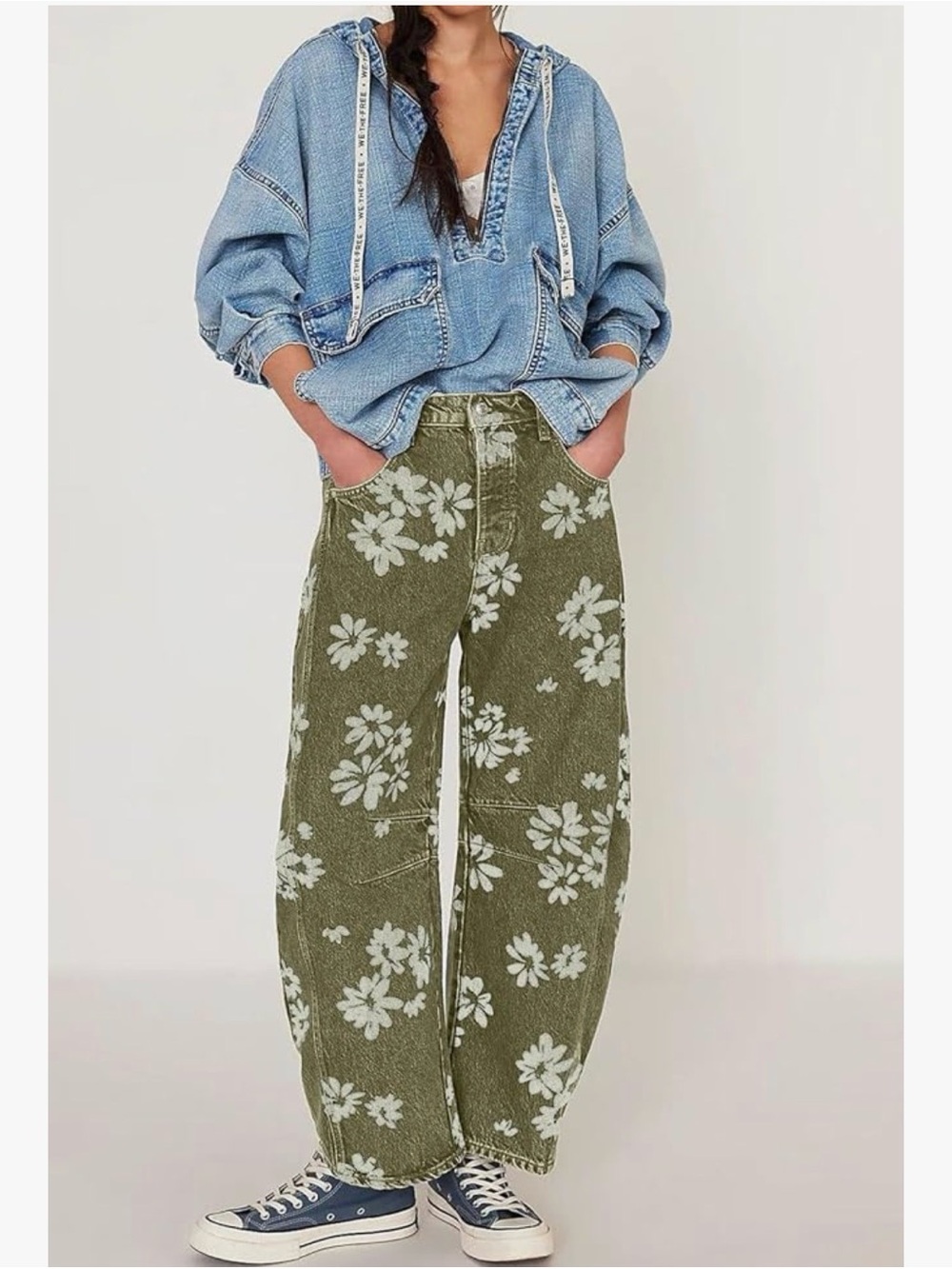 Chouyatou Women’s Wide-Leg Printed Blend Pants in Neutral Floral Green Sz M